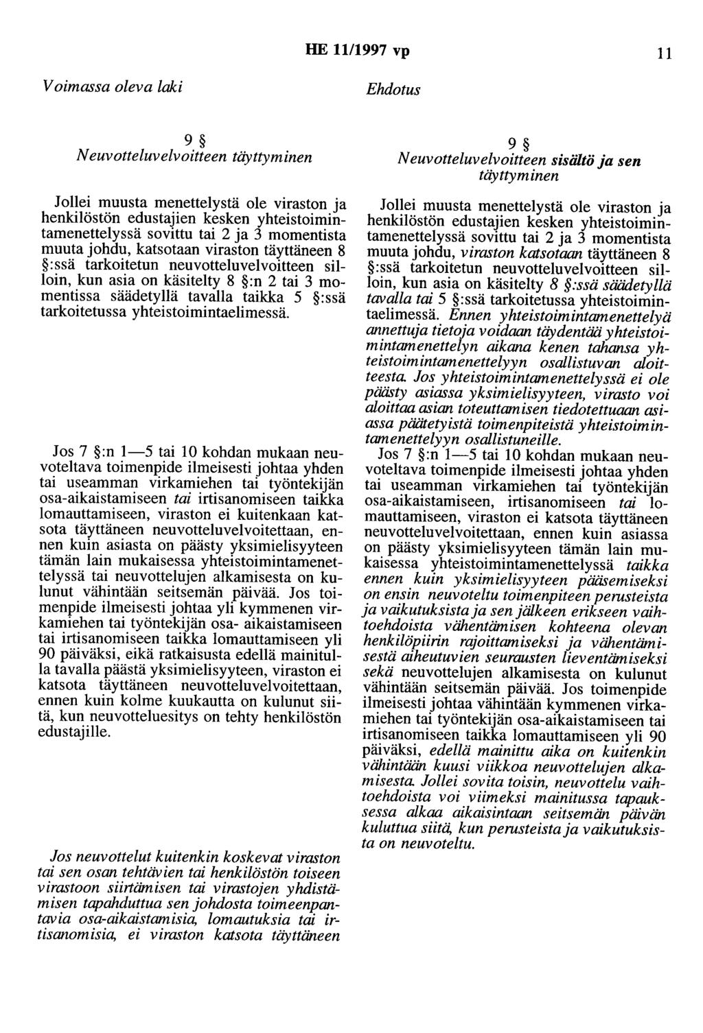 HE 11/1997 vp 11 Voimassa oleva laki Ehdotus 9 Neuvotteluvelvoitteen täyttyminen Jollei muusta menettelystä ole viraston ja henkilöstön edustajien kesken yhteistoimintamenettelyssä sovittu tai 2 ja 3