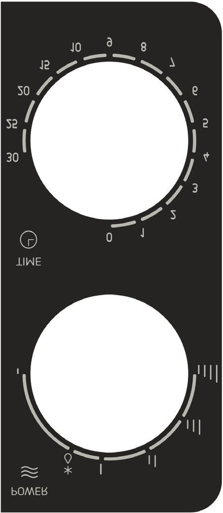 ANVÄNDNING SV KONTROLLPANEL Kontrollpanelen har två funktionsvred. Det ena ett vred för tid, det andra ett vred för el. VRED FÖR EFFEKTINSTÄLLNING Använd vredet för att välja tillagningseffekten.