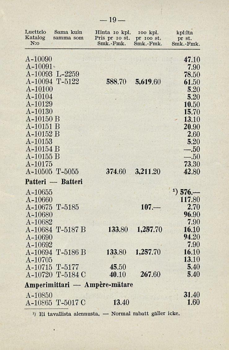 Normal 19 Luettelo Sama kuin Hinta 10 kpl. ioo kpl. kplilta Katalog samma som Pris pr 10 st. pr ioo st. pr st. N:o Smk.-Fmk. Smk.-Fmk. Smk.-Fmk. A-10090 47.10 A-10091 A-10093 L-2259 78.