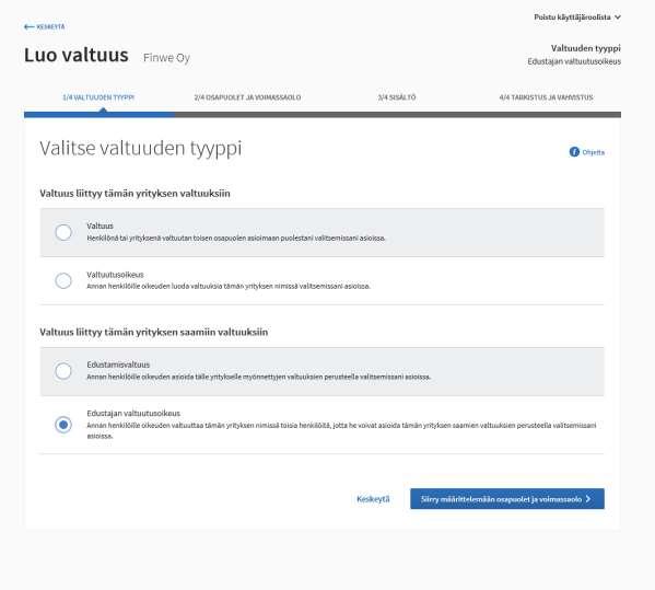 Valitse valtuuden tyypiksi Edustajan valtuutusoikeus.