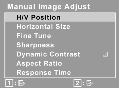 Säädin Kuvaus Manual Image Adjust (Manuaalinen kuvan säätö) näyttää manuaalisen kuvansäädön valikon. H./V.