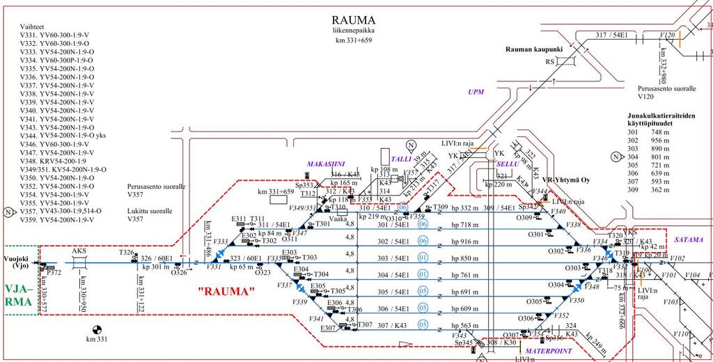 Rauman ratapihan raiteistokaavio Vanhan aseman kohdalla on raiteella R311 ollut matala henkilölaituri, pituus n.
