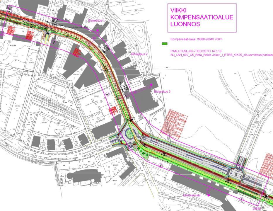 Magneettikenttäkompensointi, laitteiden vaatimukset, Viikki Läntisen reuna: Biokeskus1 (elektronimikroskoopit, raja-arvo 80nT ja etäisyys noin 40m radasta)