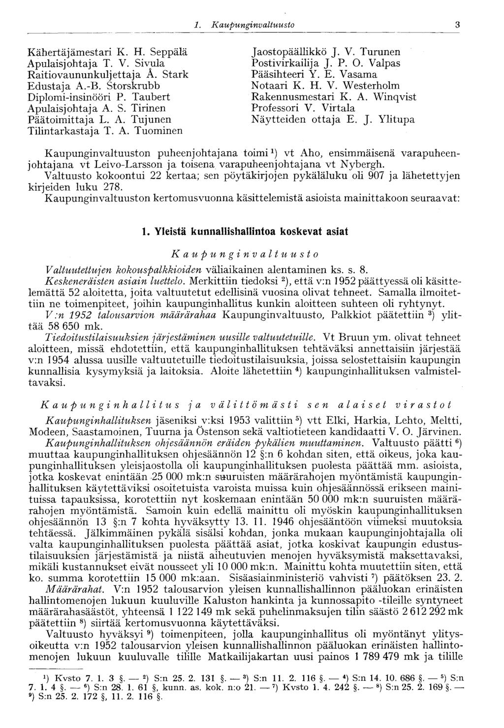 3 1. Kaupunginvaltuusto Kähertäjämestari K. H. Seppälä Apulaisjohtaja T. V. Sivula Raitiovaununkuljettaja Ä. Stark Edustaja A.-B. Storskrubb Diplomi-insinööri P. Taubert Apulaisjohtaja A. S. Tirinen Päätoimittaja L.