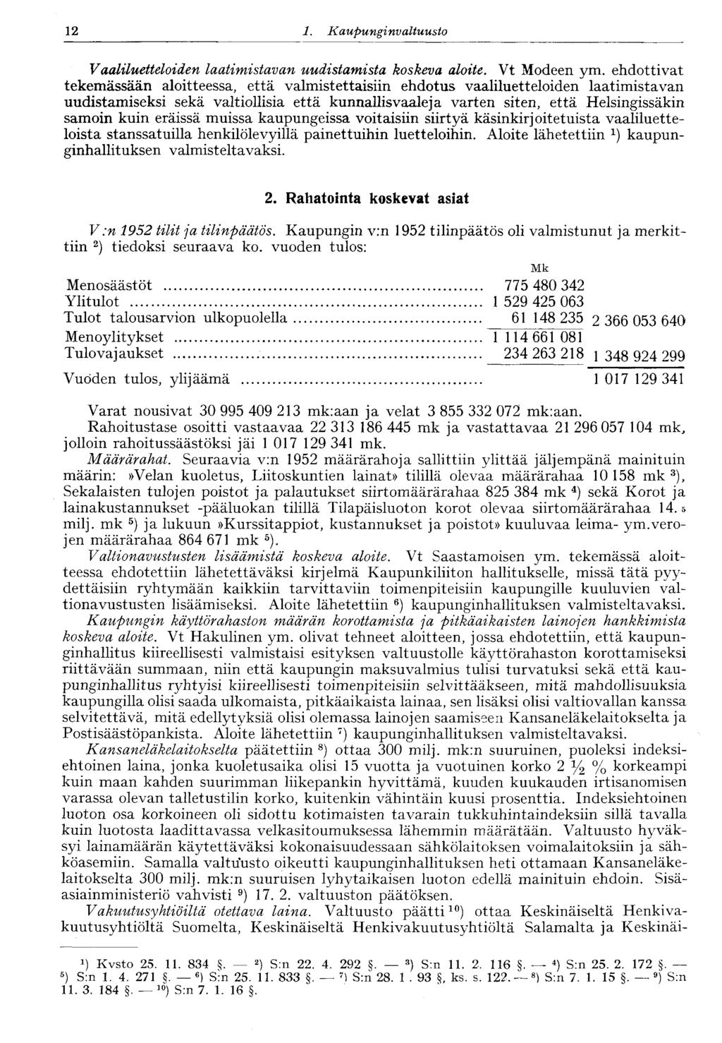 12 1. Kaupunginvaltuusto Vaaliluetteloiden laatimistavan uudistamista koskeva aloite. Vt Modeen ym.