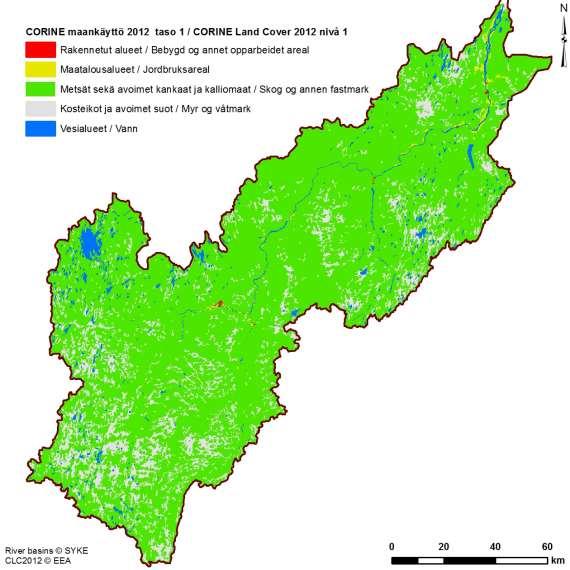 Yli 90 % vesistöalueen Suomen puolen pinta-alasta on metsämaata, kosteikoita ja suota (taulukko 5).