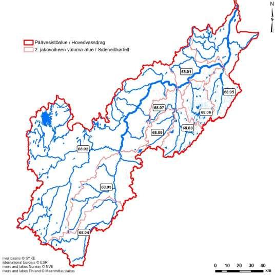 Tenojoen vesistöalue (68) jakautuu yhdeksään valuma-alueeseen (suomalainen vesistöjakojärjestelmä) (taulukko 1 ja kuva 4), joista kukin jakaantuu 6-9 osavaluma-alueeseen.