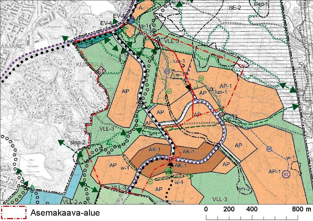 14 Pohjoisten elinympäristöjen (2 ja 5) ja lounaisen elinympäristön väliset yhteydet kulkevat osayleiskaavassa pientalovaltaiseksi asuntoalueeksi (AP-1) määritetyn alueen läpi, jolla tehtiin