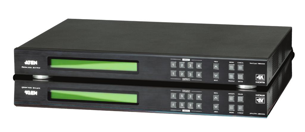 Network HDMI IR RS-232 WebGUI 4x HDMI display IR receiver 4x4 HDMI input/output Integroitu skaalain jokaiselle lähtöportille valitun näytön