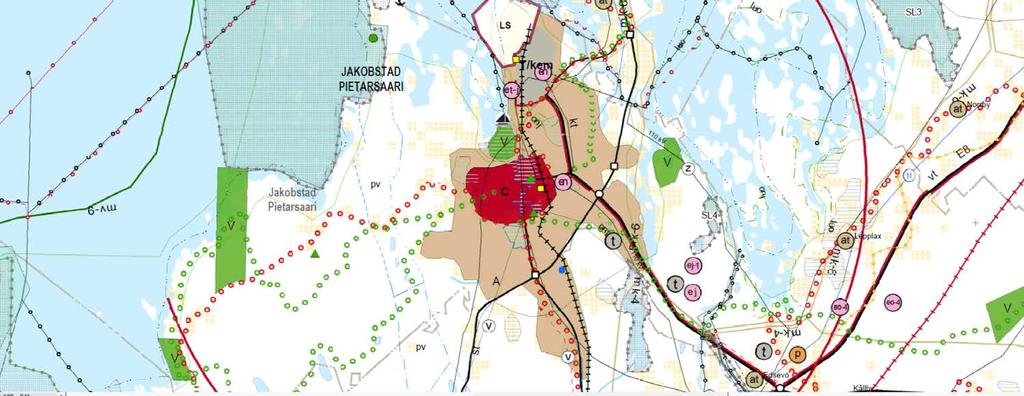 8 Bild 7. Utdrag ur landskapsplanen. Generalplanen I den av stadsfullmäktige år 2008 godkända generalplanen är området en del av ett s.k. utredningsområde, mellan Östra Ringvägen och järnvägen, där de dominerande framtida användningarna är service (P) eller produktion och lagerhållning (T).