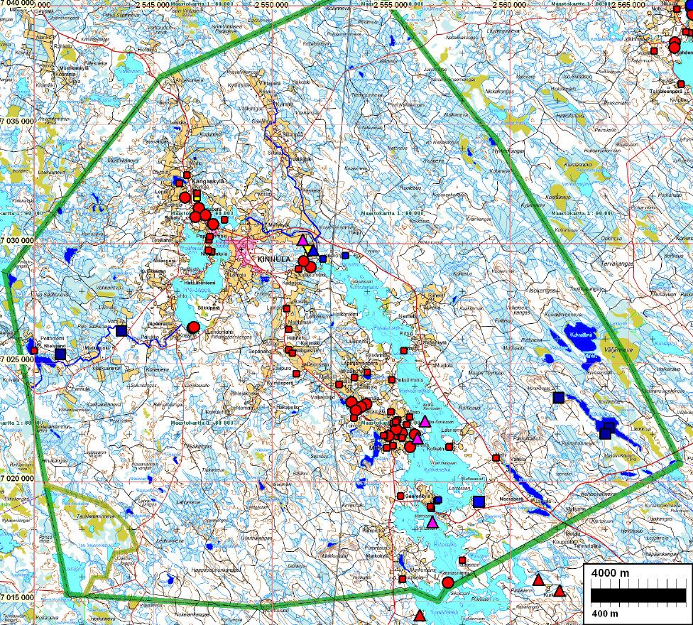 6 Yleiskartta Kartassa kaikki Kinnulan muinaisjäännökset ja löytöpaikat (pieni punainen neliö). Tutkitut vesistöt merkitty tumman sinisellä.