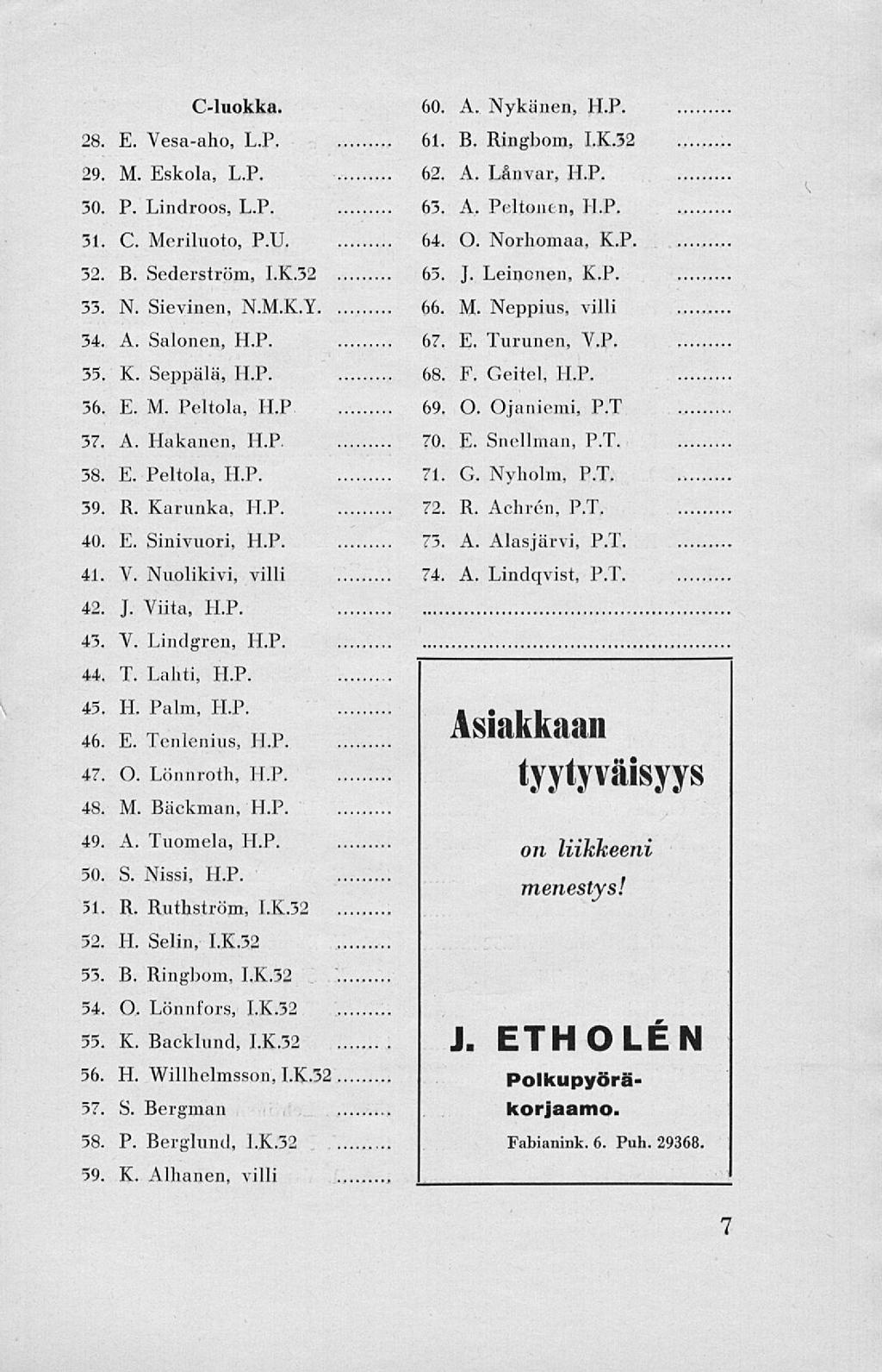 C-luokka. 28. E. Vesa-aho, L.P. 29. M. 30. P. 31. C 32. B. 33. N. 34. A Eskola, L.P. Lindroos, L.P. Meriluoto, P.U. Sederström, 1.K.32 Sievinen, N.M.K.Y. Salonen, H.P. 35. K Seppälä, H.P. 36. E 37.