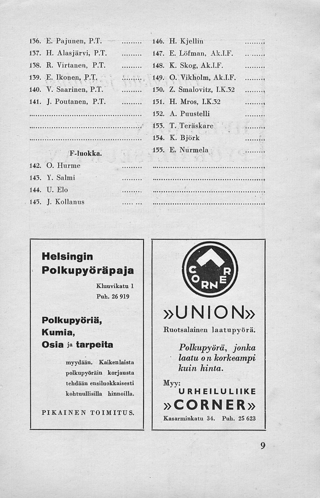 136. E. Pajunen, P.T 146. H. Kjellin : 137. H. Alasjärvi, P.T 147. E. Löfman, Ak.I.F 158. R. Virtanen, P.T 148. K. Skog, Ak.I.F. 139. E. Ikonen, P.T..'...,.., 149. O. Vikholm, Ak.I.F 140. V. Saarinen, P.