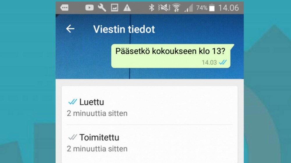 Saat tietää, milloin viesti on luettu ja toimitettu jos olet sallinut lukukuittaukset. Kuva Android-puhelimesta Pyyhkäise viestin kohdalla vasemmalle.