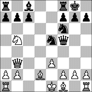 -87-1993 Oleg Romanishinin esittelemää pääjatkoa 6.Rf3 Df5. Valkealla kolme vaihtoehtoista tapaa reagoida daamintarjoukseen: väistää 7.Dd1:llä, vaihtaa 7.Dxf5:llä tai väistää 7.Db3:lla.