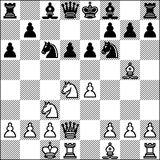 -102- Tc2 28.Dd3 Tb2 29.Le3 Te2 30.De2 Db7 31.f4 Lc3 32.Tc1 Dd5 33.b4 Db3 34.Kf1 Db4 ja 0 1, Vladimir V. Mironov Venäjä Tuomo Teeriaho, MM-preliminääri 2010. C3c 8.Rd5 Lg7 9.Rf6 Lf6 10.Le3 0 0 11.