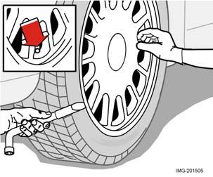 Pyörät ja renkaat Pyöränvaihto Pyörän irrotus Asettakaa varoituskolmio tielle, jos pyörä pitää vaihtaa liikennöidyllä paikalla. Katsokaa, että auto ja nosturi ovat kiinteällä, vaakasuoralla alustalla.