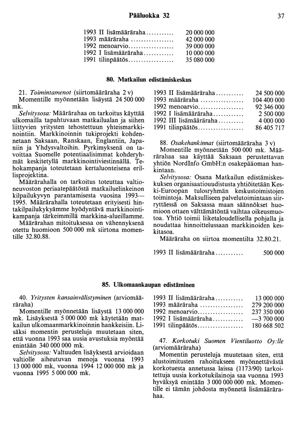 Pääluokka 32 37 20 000 000 42 000 000 39 000 000 1992 I lisämääräraha... 10 000 000 1991 tilinpäätös... 35 080 000 80. Matkailun edistämiskeskus 21.