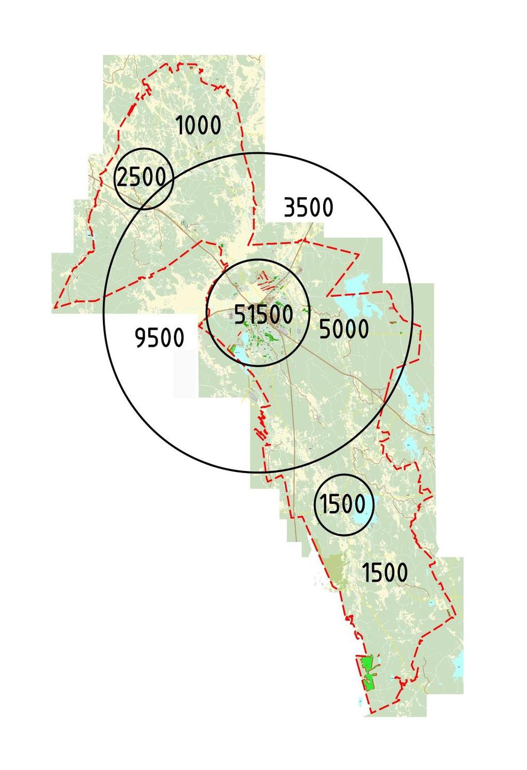 7 km 51 500 asukasta 21 km 69 000 asukasta 42 km 125000 asukasta Seinäjoen asukasluku