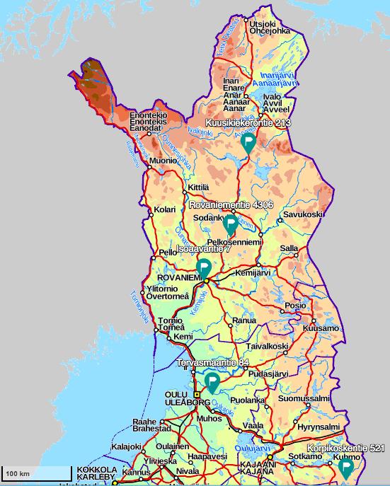 Mittaukset suoritettiin vuoden 2017 aikana Pohjois-Suomen tiestössä viidessä mittauskohteessa, jotka pyrittiin valitsemaan HCT-yhdistelmien ajoreittien* ) perusteella.