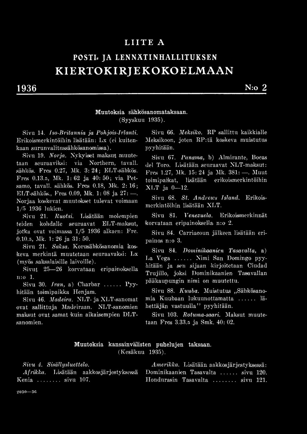 Sivu 21. Saksa. Korusähkösanomia koskeva merkintä muutetaan seuraa vaksi: Lx (myös saksalaisille laivoille). Sivut 25 26 korvataan eripainoksella n:o 1. Sivu 30. Iran, a) Charbar.