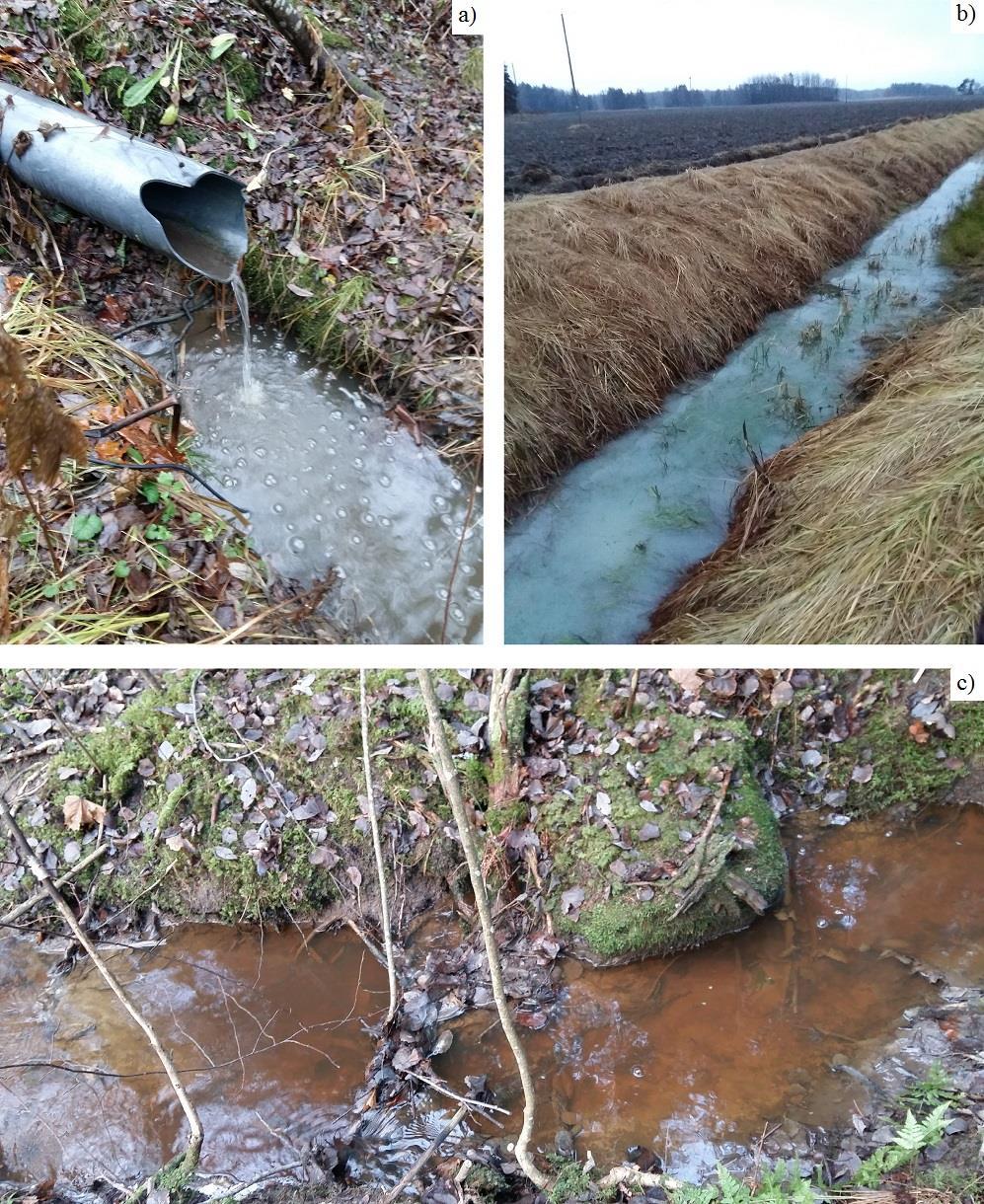 Kuva 16. Yllä olevat kuvat ovat: asutusvaltainen näytepiste 13 (a), peltovaltainen näytepiste 20 (b) ja metsävaltainen näytepiste 39 (c). Näytepiste 13 sijaitsee Ravalsin asuinalueella Kirkkonummella.