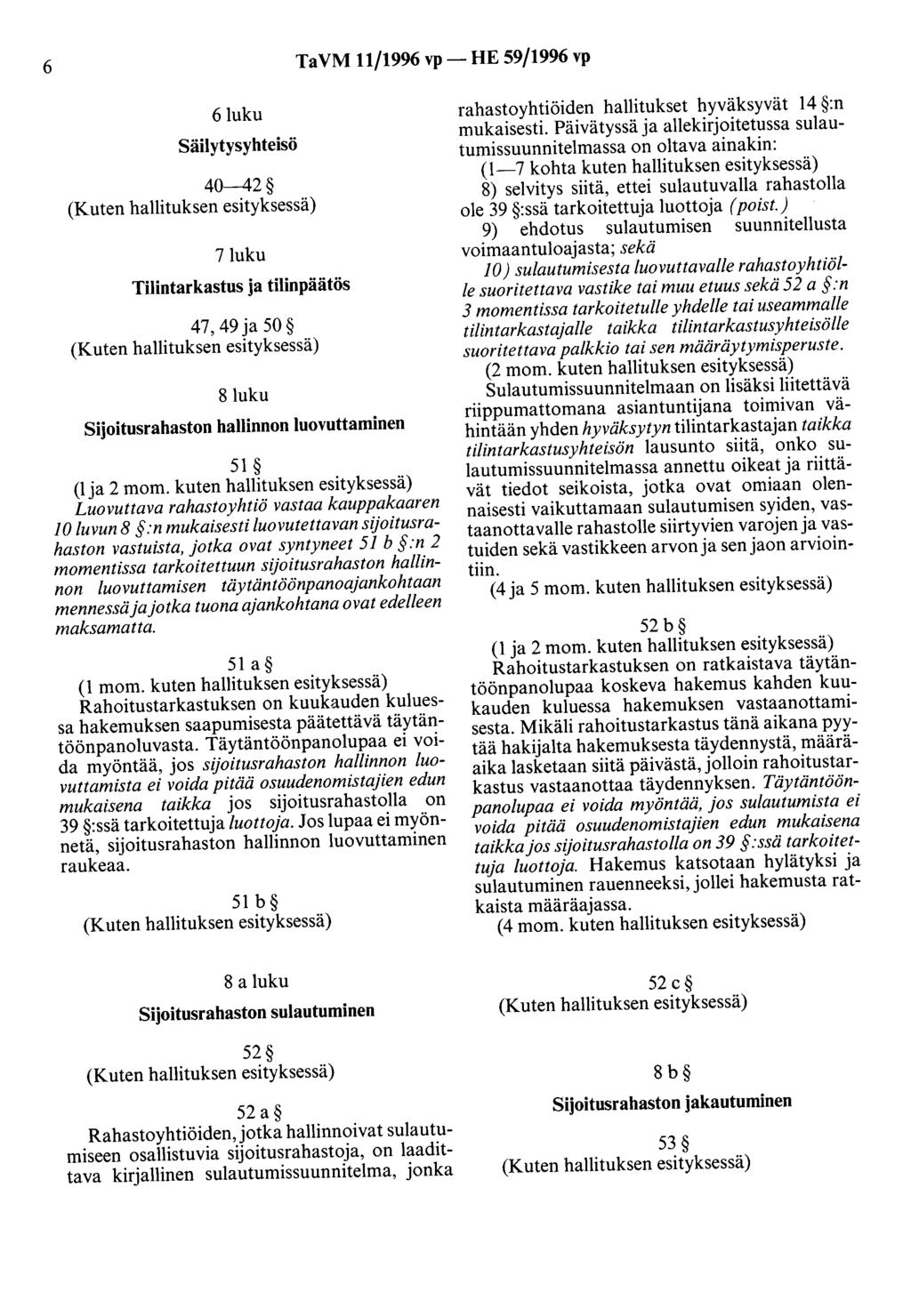 6 TaVM 11/1996 vp- HE 59/1996 vp 6luku Säilytysyhteisö 40-42 7luku Tilintarkastus ja tilinpäätös 47,49 ja 50 8luku Sijoitusrahaston hallinnon luovuttaminen 51 (1 ja 2 mom.