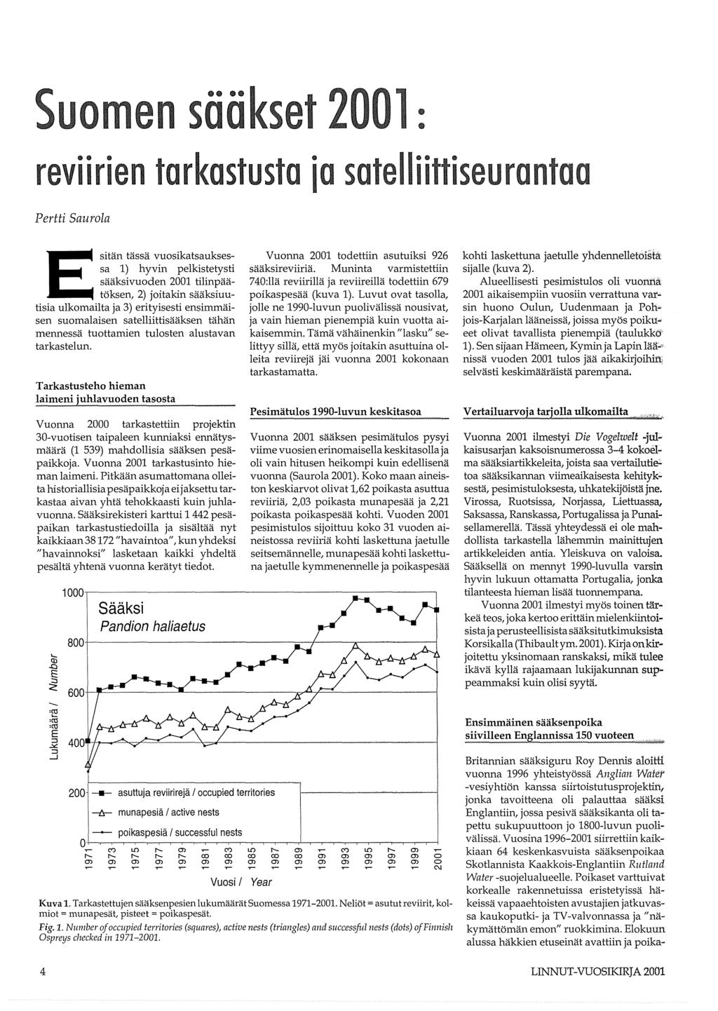 u n sääkset 0 reviirien tarkastusta ja satelliittiseura Pertti Saurola E sitän tässä vuosikatsauksessa 1) hyvin pelkistetysti sääksivuoden 2001 tilinpäätöksen, 2) joitakin sääksiuutisia ulkomailta ja