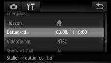 Ställa in datum och tid Ändra datum och tid Du kan ändra inställningarna för datum och tid. Visa menyn. Peka på H och sedan på n. Klockbatteri Välj [Datum/tid]. Peka på fliken 3.