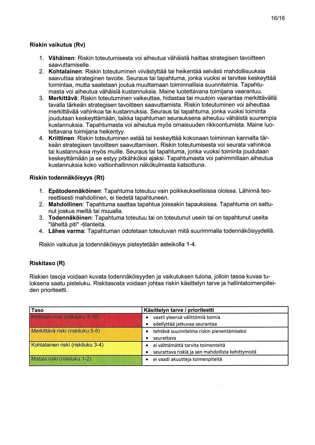 16/16 Riskin vaikutus (Rv) 1. Vähäinen: Riskin toteutumisesta voi aiheutua vähäistä haittaa strategisen tavoitteen saavuttamiselle. 2.