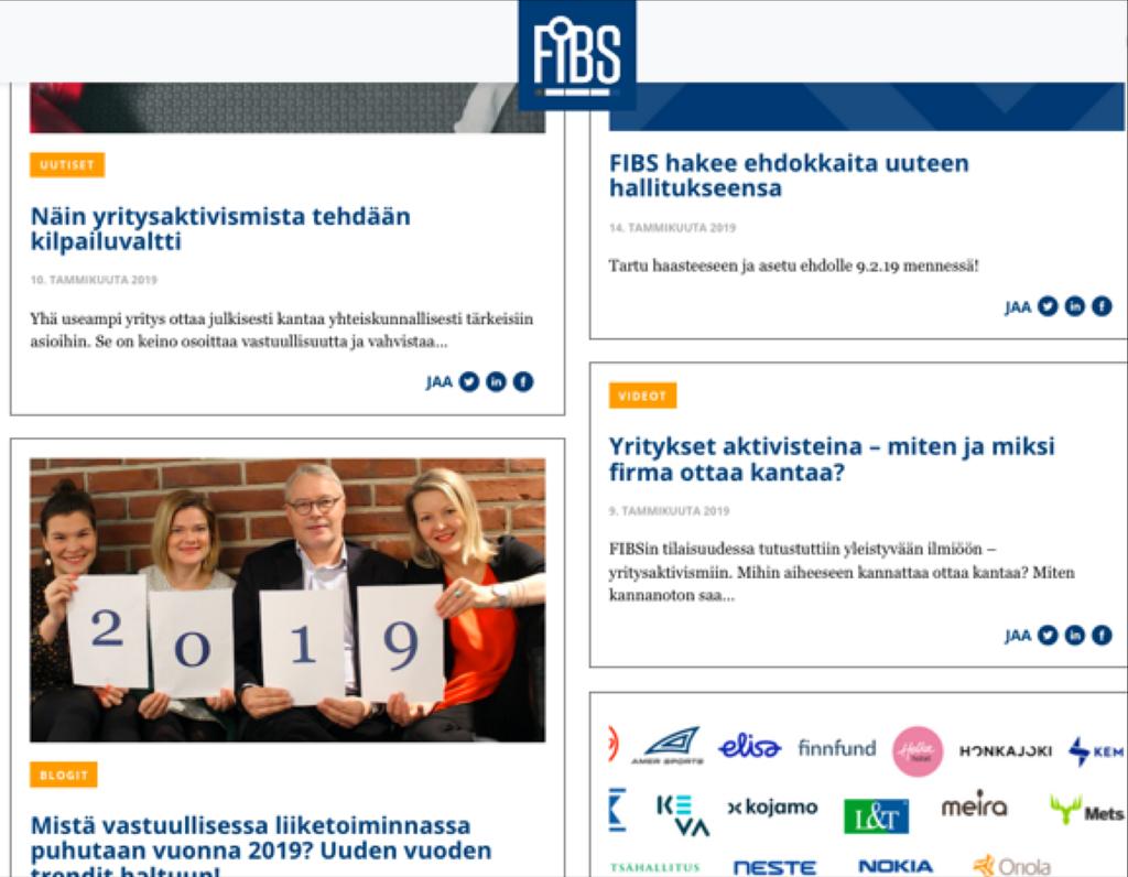 FIBS Insight: FIBSin verkkosivujen uutishuone > Suomen kattavin yritysvastuun uutishuone osa sisällöstä on vain jäsenille avointa Blogit, tiedotteet, uutiset FIBSin yritysvastuututkimusten
