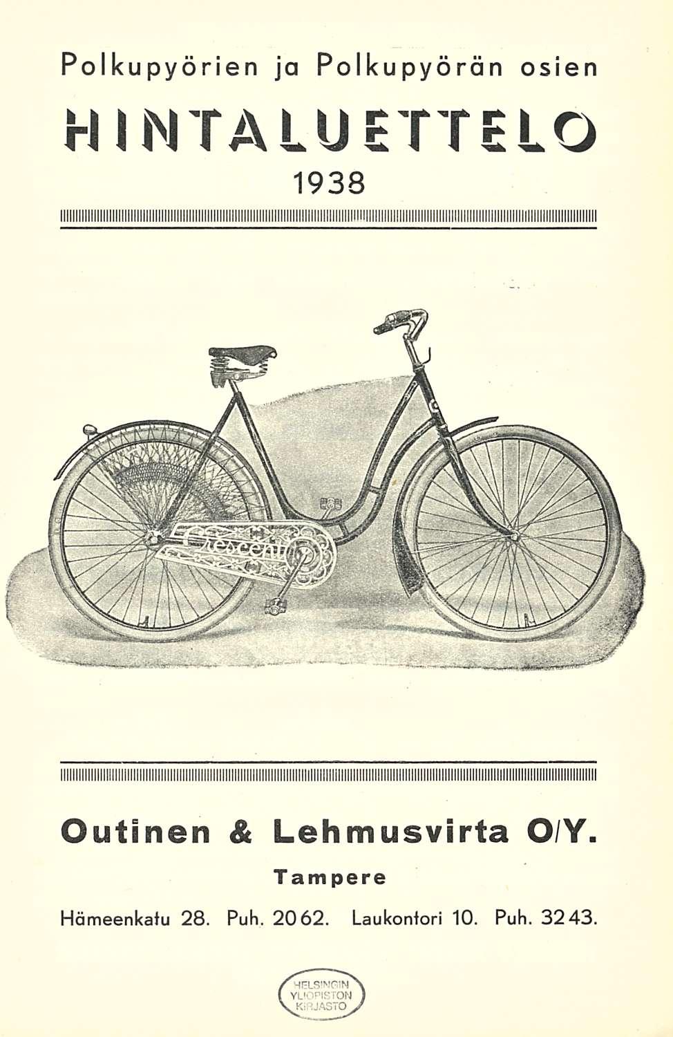 Polkupyörien ja polkupyörän osien luettelo 1938 Outinen &
