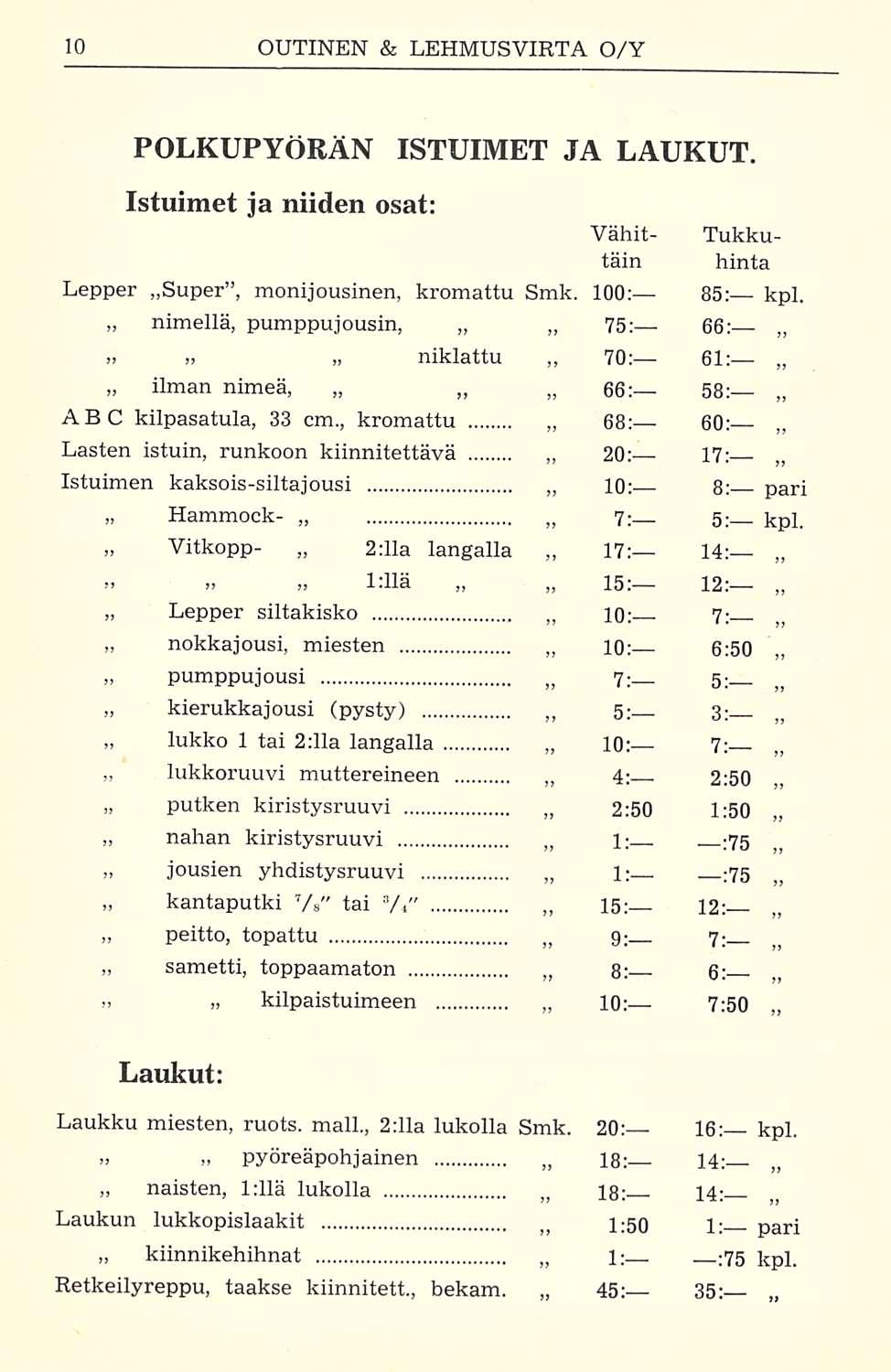 peitto, POLKUPYÖRÄN ISTUIMET JA LAUKUT. Istuimet ja niiden osat: Vähit- Tukkutäin Lepper Super, monijousinen, kromattu Smk. 100: 85: kpl.