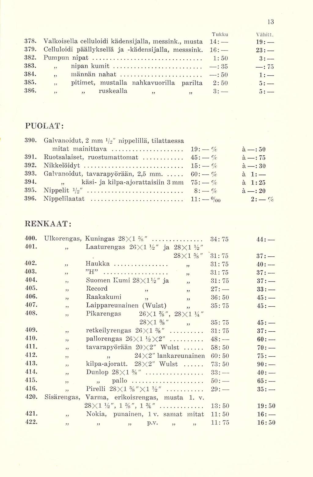 Tukku Vähitt, 378. Valkoisella celluloidi kädensijalla, messink., musta 14: 19: 379. Celluloidi päällyksellä ja -kädensijalla, messsink. 16: 23: 382. Pumpun nipat 1: 50 3: 383.