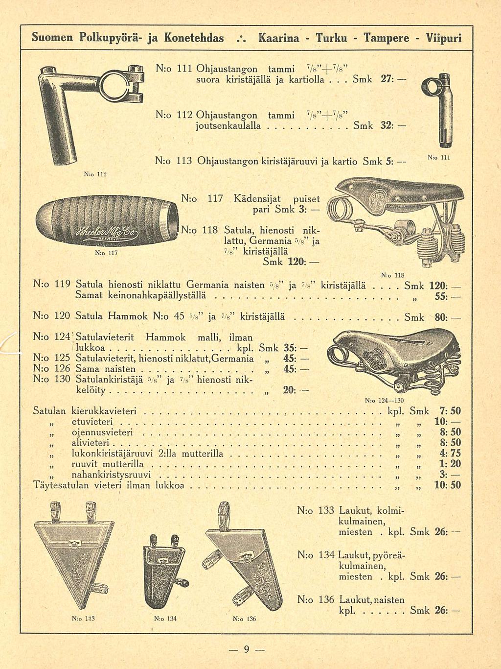 Turku Suomen Polkupyörä ja Konetehdas Kaarina N;o 111 Ohjaustangon tammi 7 /8 j /s suora kiristäjällä ja kartiolla Smk 27; N:o 112 Ohjaustangon tammi 7 /s ) 7 /» joutsenkaulalla Smk 32: Nro 112 N:o