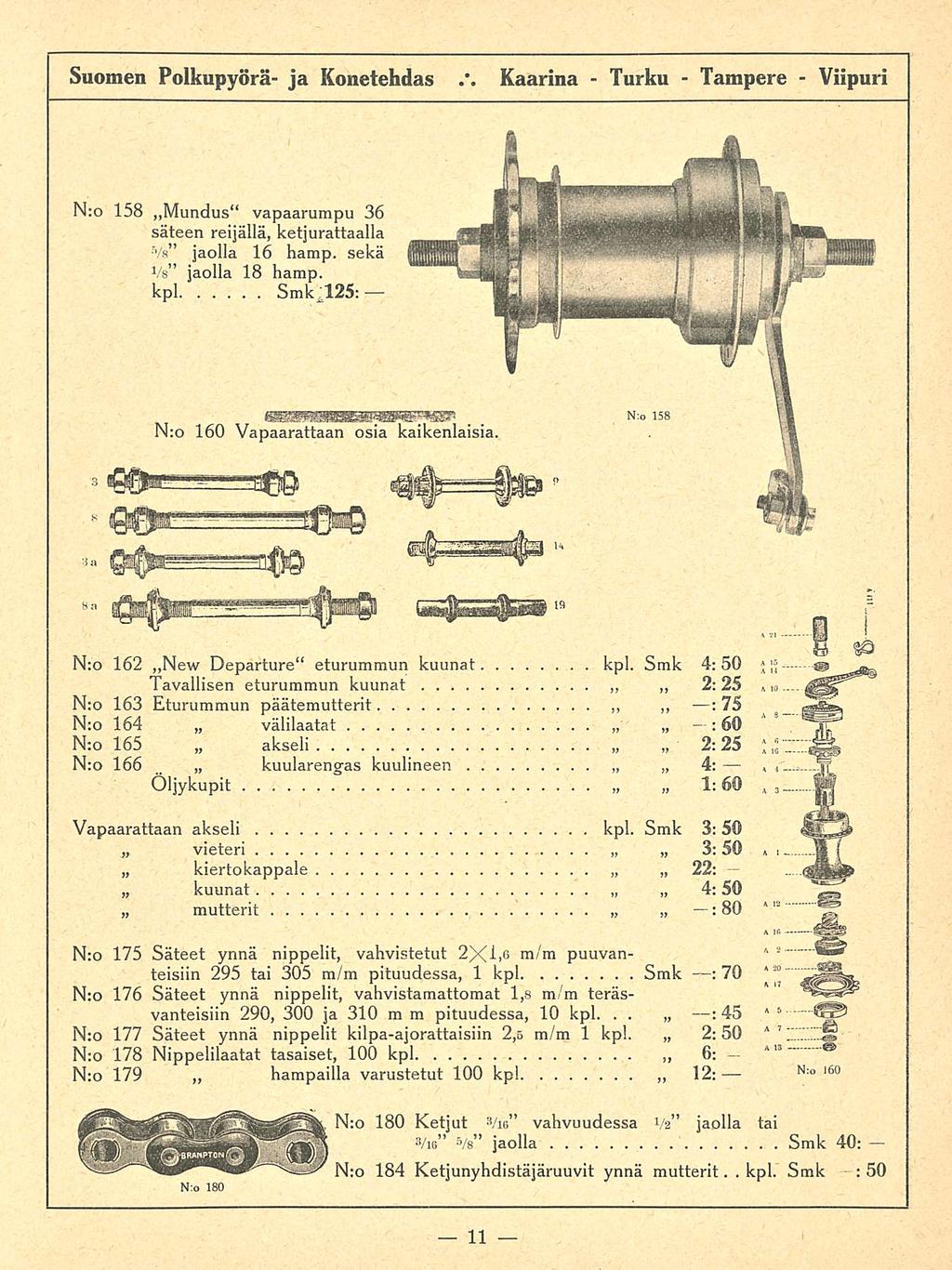Turku kpl Suomen Polkupyörä ja Konetehdas Kaarina N:o 158 ~Mundus vapaarumpu 36 säteen reijällä, ketjurattaalla Vs jaolla 16 hamp sekä Vs jaolla 18 hamp kpl Smk i 125; N:o 160 Vapaarattaan osia