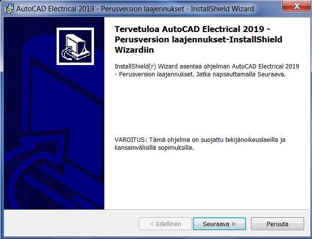 Asennus Yleistä -ohjelmisto täytyy olla asennettuna ennen päivityksen asennusta. asennetaan tämän jälkeen työasemalle käyttäjän omilla tunnuksilla. Asennustiedosto AutoCAD Electrical 2019.