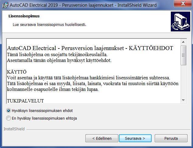 Lue ja hyväksy lisenssisopimus. Näpsäytä Seuraava -painiketta.