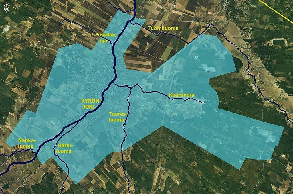 Pintavedet ja vedenjakajat Yleiskaava-alueen merkittävin vesistö on alueen halki lounaasta koilliseen virtaava Kyrönjoki muodostaen suunnittelualueen keskeisen maisemaelementin.