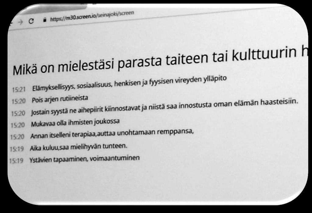 aktiivisemmin mukana esim. näytelmäpiirissä tai soitinyhtyeessä, mutta vanhemmiten harrastus oli pikku hiljaa jäänyt. Lisäksi useampi naishenkilö kertoi etenkin nuorempana kirjoitelleensa runoja.