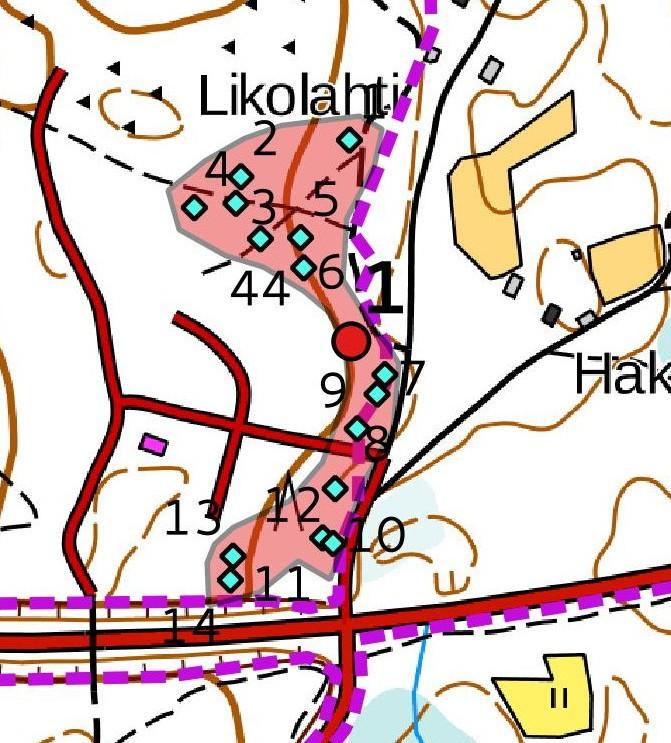 20 Kohde 1, alakohteet ja numerot (siniset rombit), rajaus punaisena. Maanmittauslaitoksen peruskarttarasteri 1:20 000, 9/2016; mk n. 1: 2 