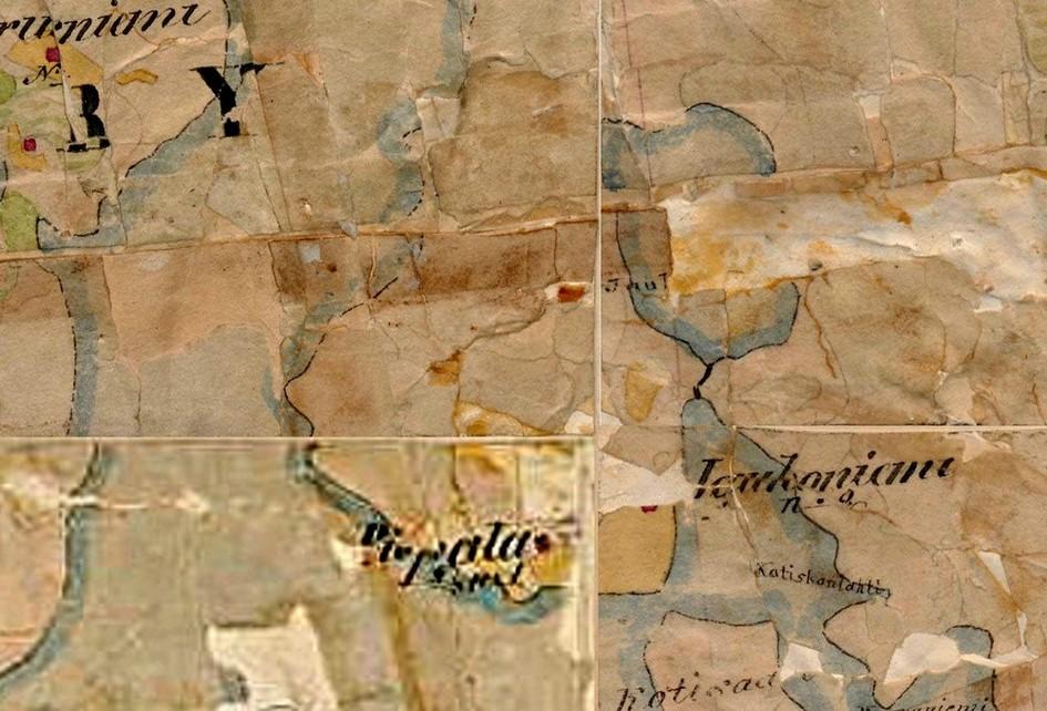 33 Ote 1840-luvun pitäjänkartasta (ks. myös kartta 7, s.16), johon on merkitty Piispalan ja Jauhoniemen talot. 10.