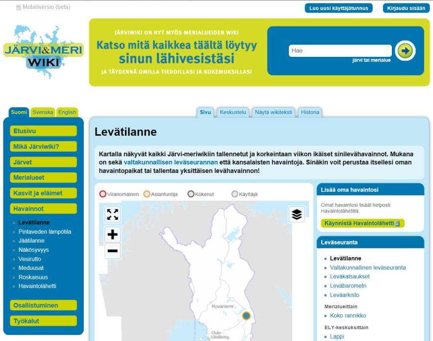 Järvi&meriwiki paikka kansalaisten havainnoille Järvi&meriwiki viranomaisten ja kansalaisten yhteistyöllä rakennettu verkkopalvelu