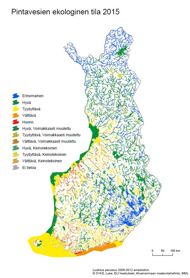 Pintavesien ekologinen tila 2015 Vesistöjen tila luokitellaan kuuden vuoden välein Viimeisin luokittelu v.