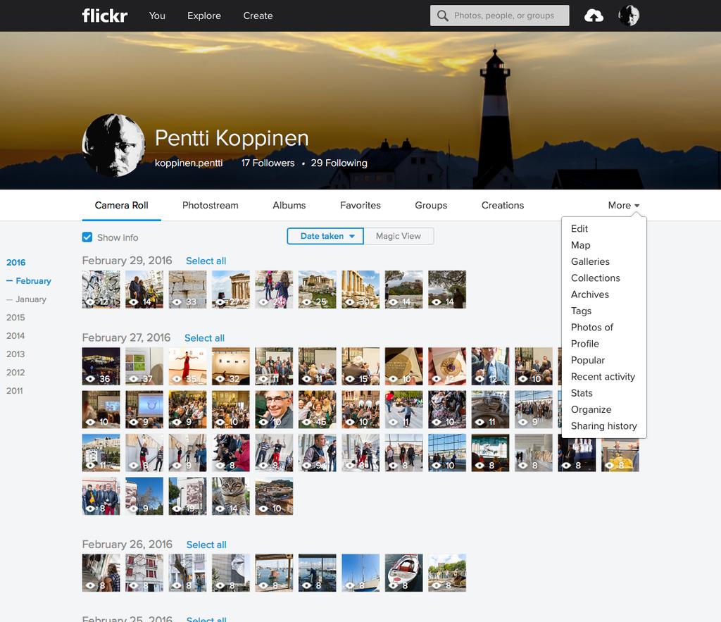 Flickr valikot 1 2 3 1. Omat kuvat - kameran rulla, albumit, suosikit, ryhmät, kalleria, luodut, ihmiset, viimeisimmät tapahtumat, tilastot, järjestys 4 2.