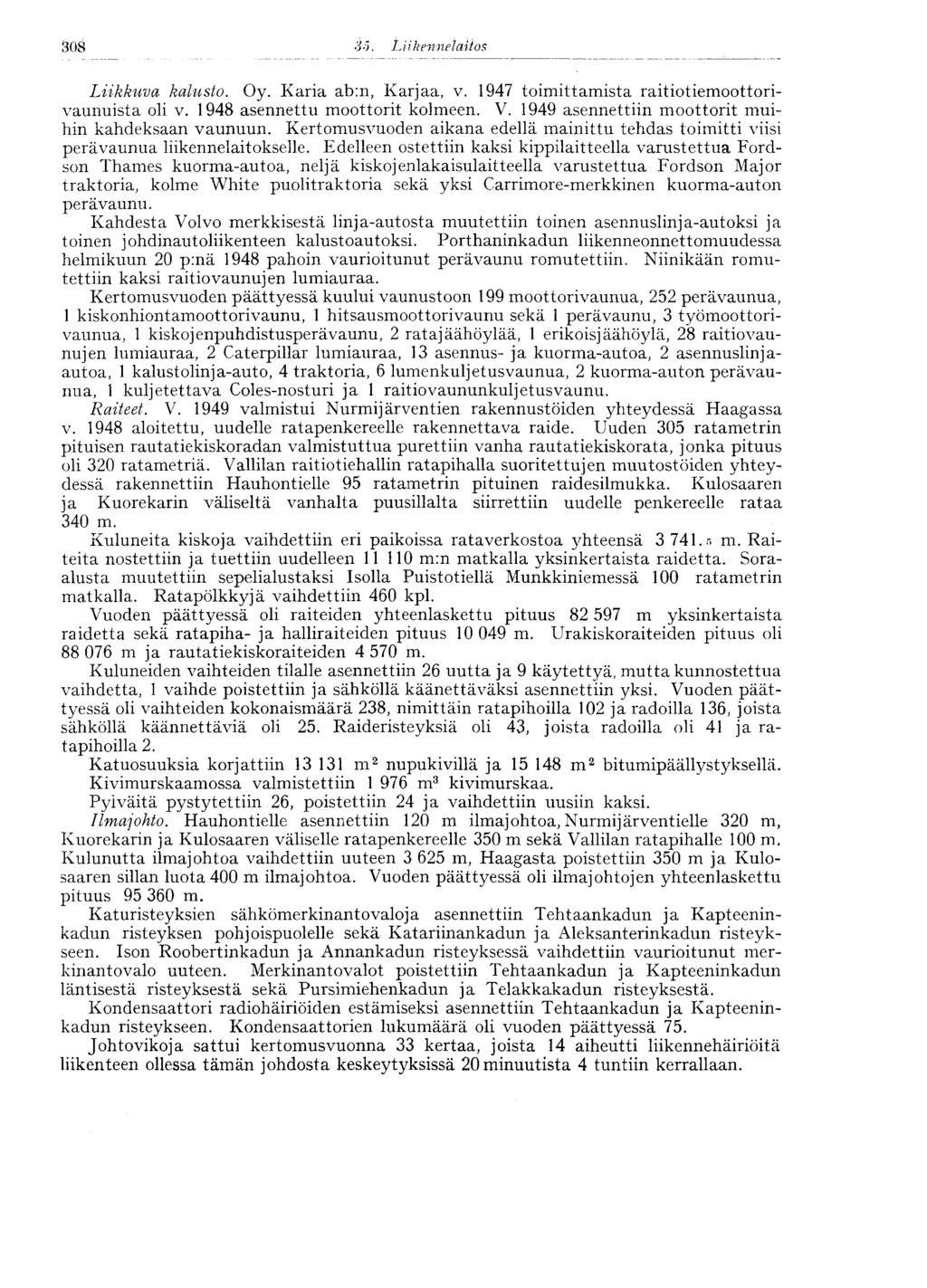 SOS Liikkuva kalusto. Oy. Karia ab:n, Karjaa, v. 1947 toimittamista raitiotiemoottorivaunuista oli v. 1948 asennettu moottorit kolmeen. V. 1949 asennettiin moottorit muihin kahdeksaan vaunuun.