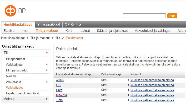 19(23) 7.2. Osuuspankki Osuuspankista palkkalaskelmat löytyvät Omat tilit ja maksut kohdasta.