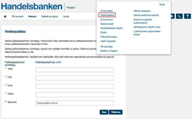 22(23) 7.6. Handelsbanken Handelsbankenissa Verkkopalkka-valinta löytyy kirjautumisen jälkeen Oikopolut -listasta.