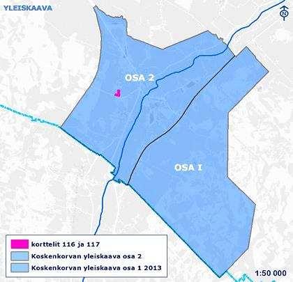 3.5.2 Yleis- ja asemakaavat Suunnittelualue sijaitsee Koskenkorvan MRL:n mukaisen yleiskaavan osassa 2. Yleiskaava on lainvoimainen osan 1 osalta. Yleiskaavan osan 2 kunnanvaltuusto on hyväksynyt 15.