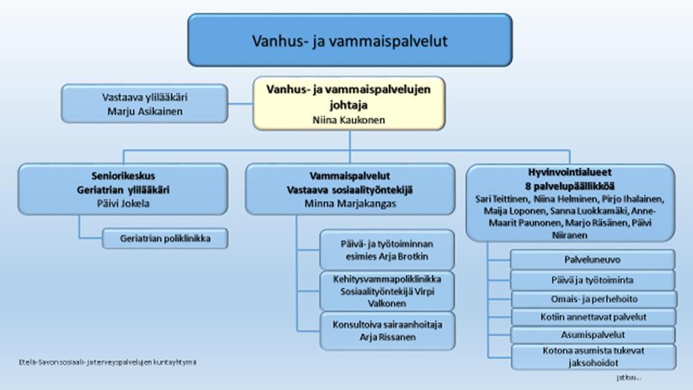 3.5. Vanhus- ja vammaispalvelut Vanhus- ja vammaispalvelujen rakenne Essoten organisaatiossa Vanhuspalveluissa lähipalveluina tuotetaan ennakoiva toiminta, etsivä vanhustyö, päivätoiminta,